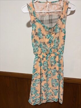 Xhilaration Peach Floral Dress with Teal Roses